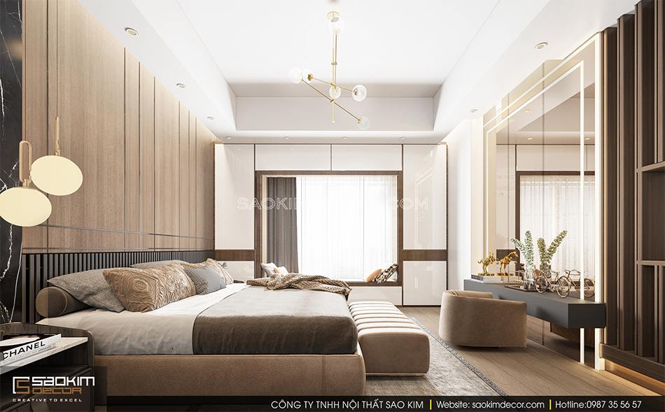 Không gian phòng ngủ hiện đại, tiện nghi trong thiết kế nhà phố 2 tầng đẹp