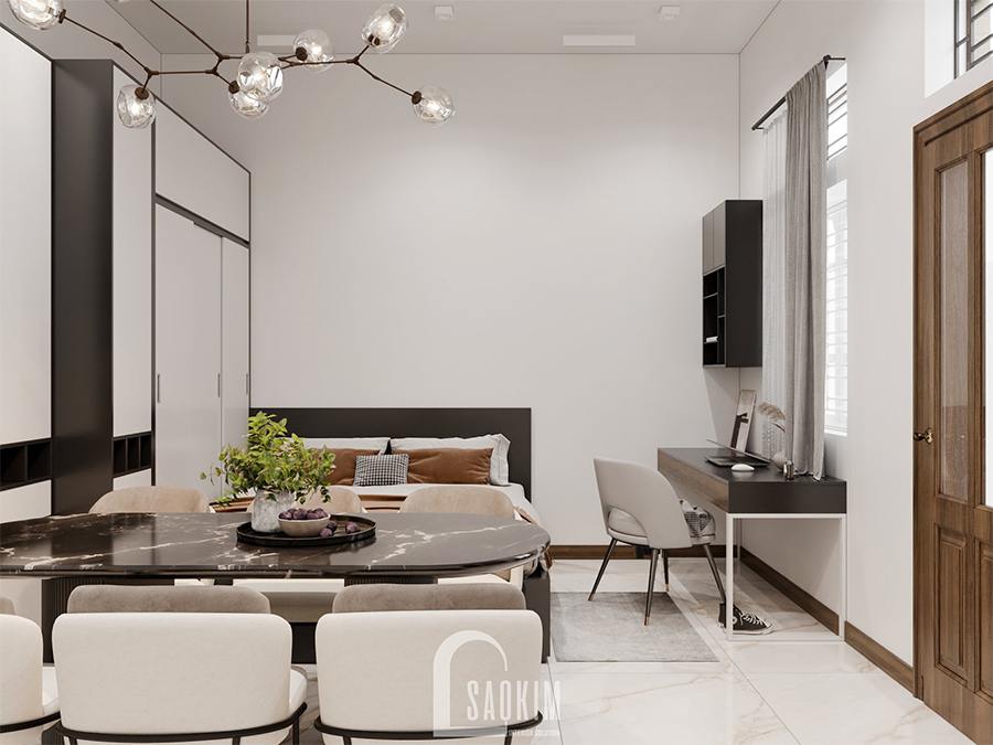 Thiết kế nội thất phòng ngủ nhà phố hiện đại vẫn lựa chọn gam màu trắng làm chủ đạo kết hợp màu nâu, đen và xám