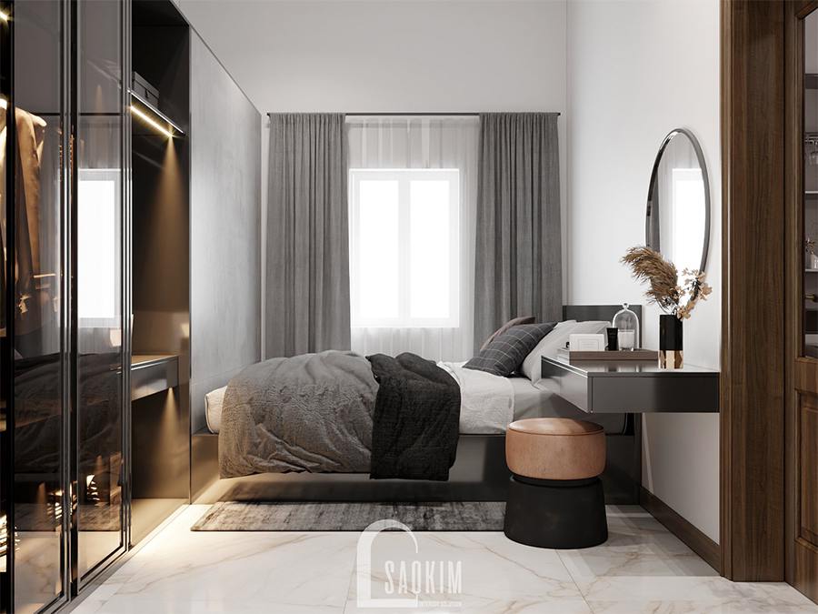 Thiết kế nội thất phòng ngủ master nhà phố hiện đại đẹp Chúc Sơn - Chương Mỹ với sự kết hợp gam màu xám và trắng