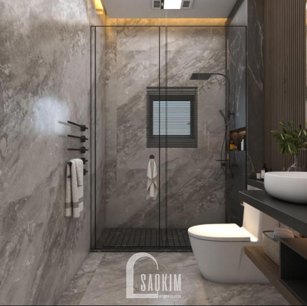 Thiết kế nội thất phòng tắm nhà phố phong cách hiện đại Chúc Sơn - Chương Mỹ ốp toàn bộ đá vân màu xám