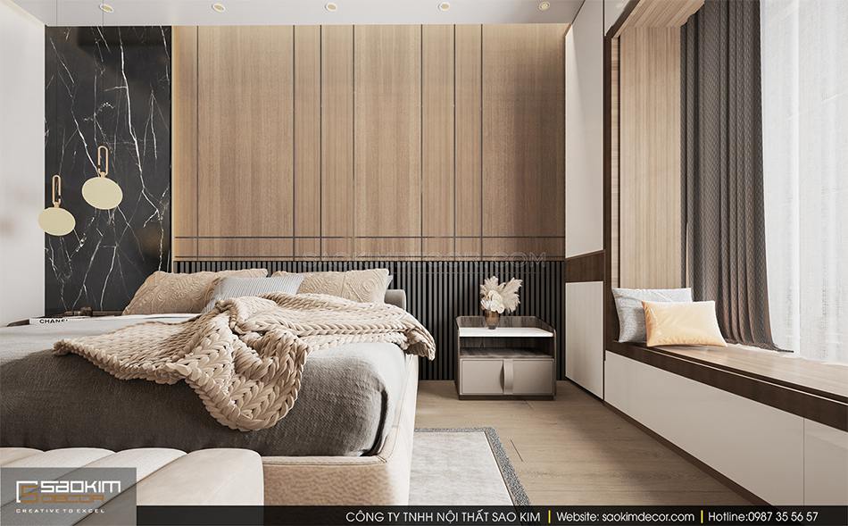 Không gian phòng ngủ sang trọng, ấm áo nhờ sự xuất hiện gam màu gỗ tự nhiên