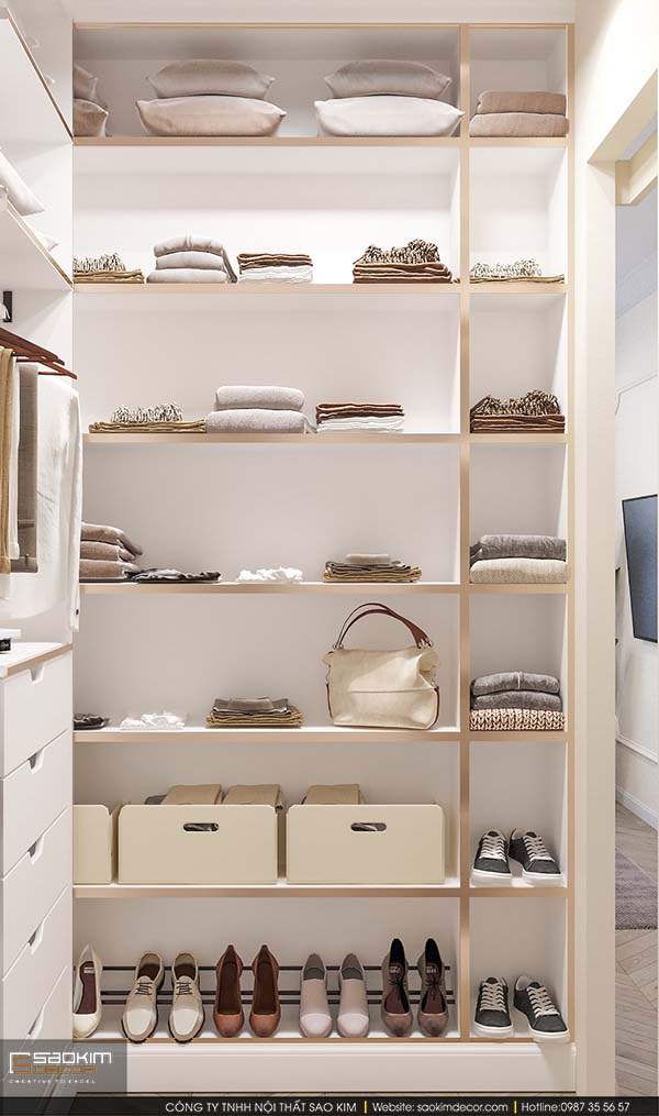 Thiết kế nội thất phòng ngủ với phòng thay đổ nhỏ với các ngăn tủ chứa giày dép và quần áo