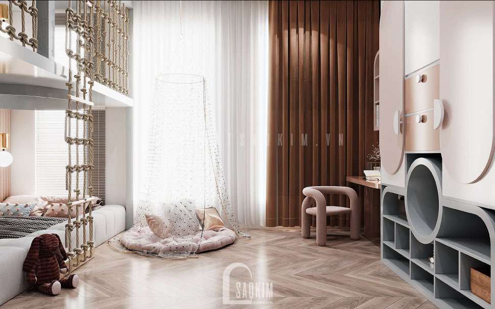 Thiết Kế Nội Thất Phòng Ngủ Bé Trai và Bé Gái liền kề Louis City Hoàng Mai màu xanh da trời và hồng pastel