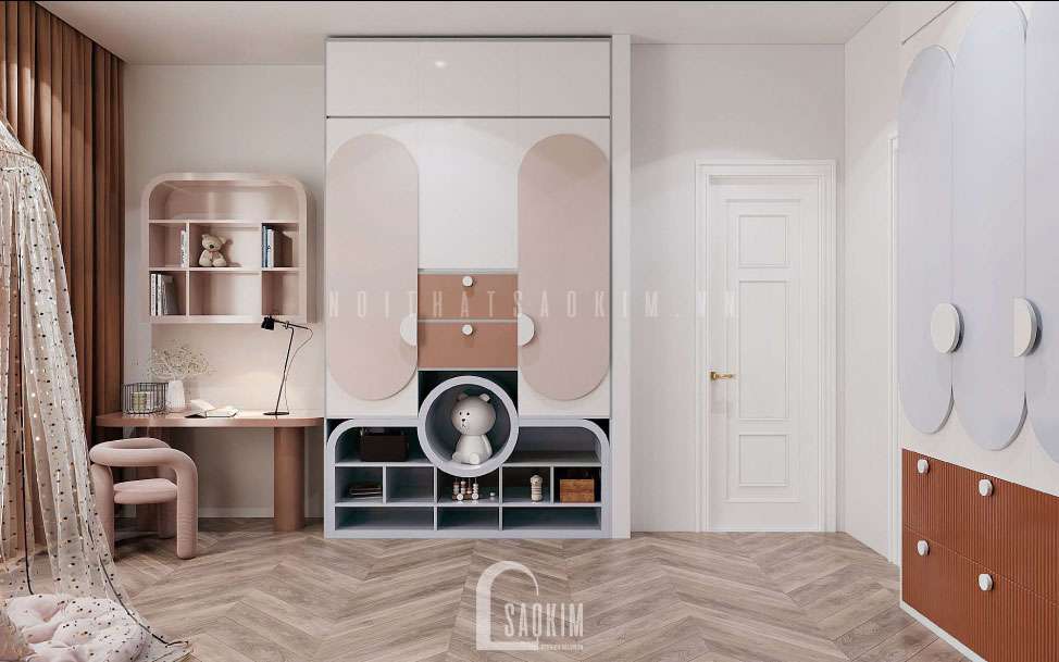 Thiết Kế Nội Thất Phòng Ngủ Bé Trai và Bé Gái liền kề Louis City Hoàng Mai màu xanh da trời và hồng pastel