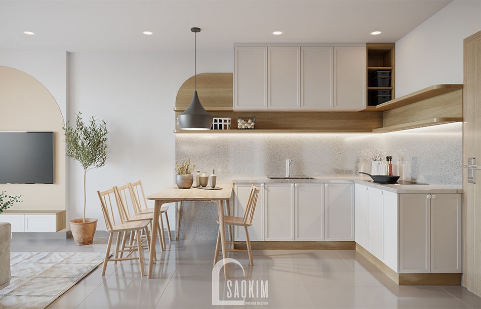 Không gian phòng ăn và bếp trong mẫu thiết kế căn hộ 1 phòng ngủ + 1 chung cư Vinhomes Smart City
