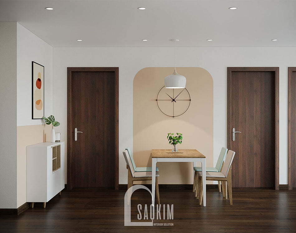 Không gian phòng ăn và bếp mang đậm phong cách thiết kế Color Block kết hợp tối giản không gian