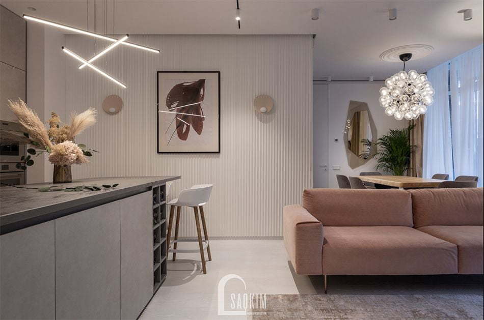 Không gian phòng khách nối liền với không gian phòng ăn và bếp rộng thoáng