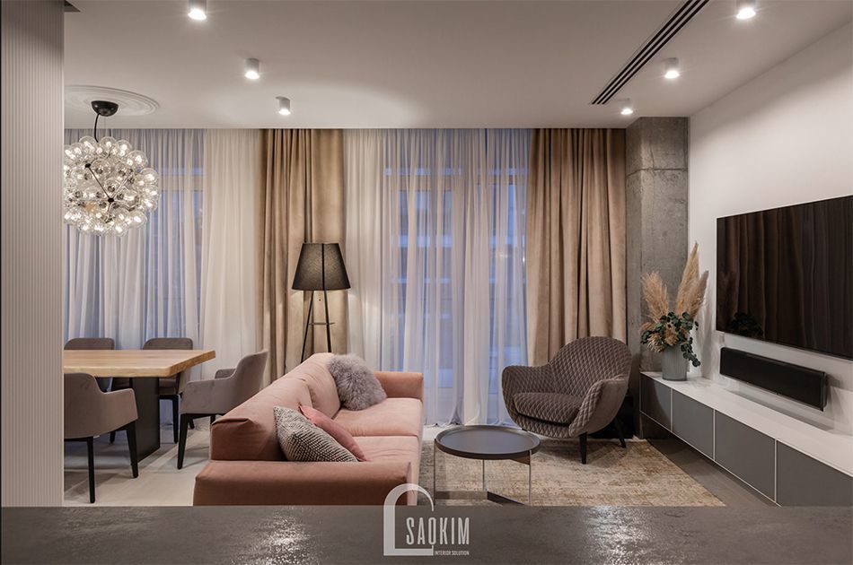 Không gian phòng khách trong mẫu thiết kế căn hộ 3 phòng ngủ chung cư The K Park