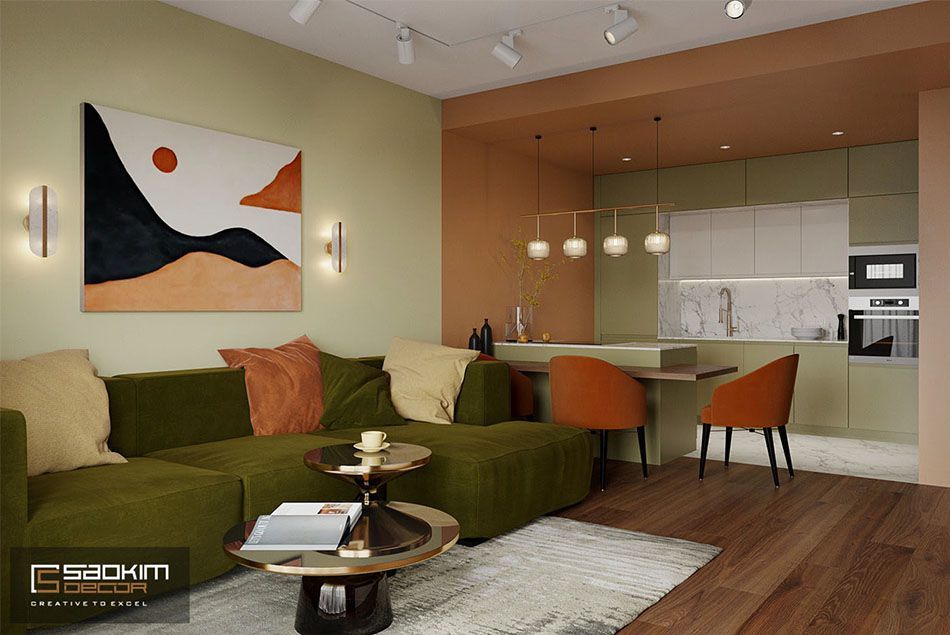 Màu nền trung tính, dịu mắt thường được lựa chọn để kết hợp cùng gam màu rực rỡ và khối hình học đa dạng