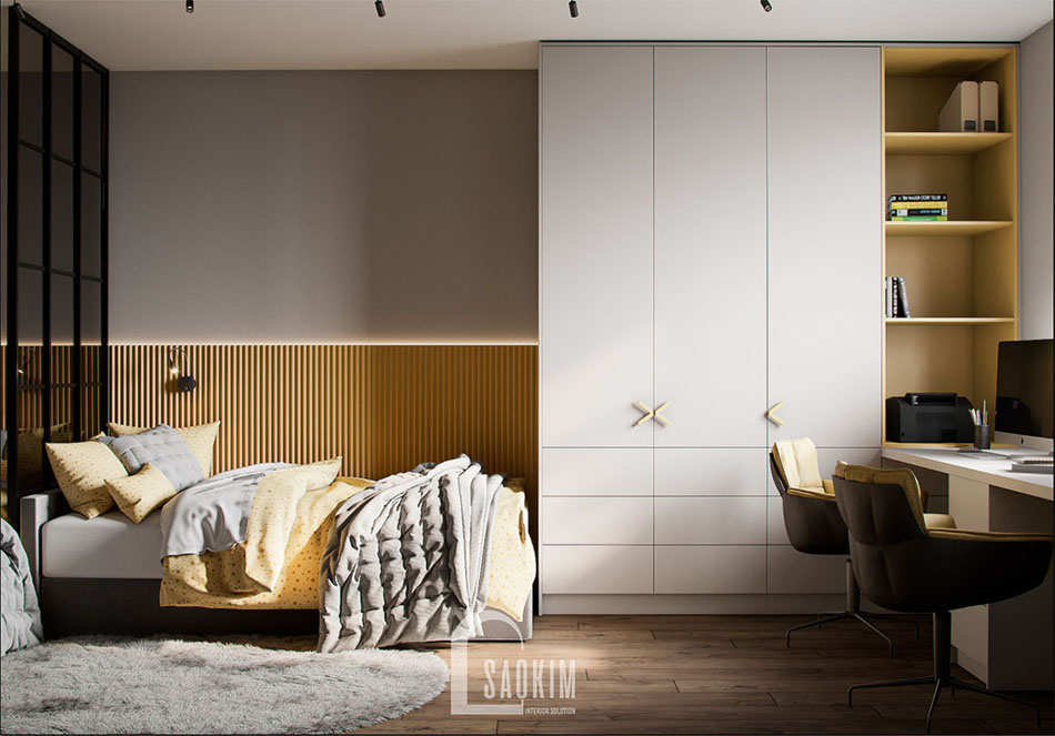 Không gian phòng ngủ cho 2 bé với gam màu vàng tươi