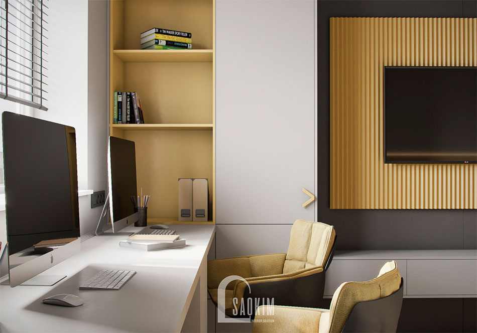 Bàn học cho 2 bé được đặt sát cửa sổ tận dụng áp sáng tự nhiên