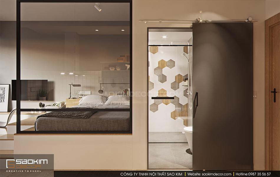 Nhà tắm được bố trí 2 lớp cửa bao gồm lớp cửa kính và 1 lớp cửa kéo bên ngoài. Lớp cửa kính bên trong nhằm đảm bảo nước không bị tràn ra ngoài.