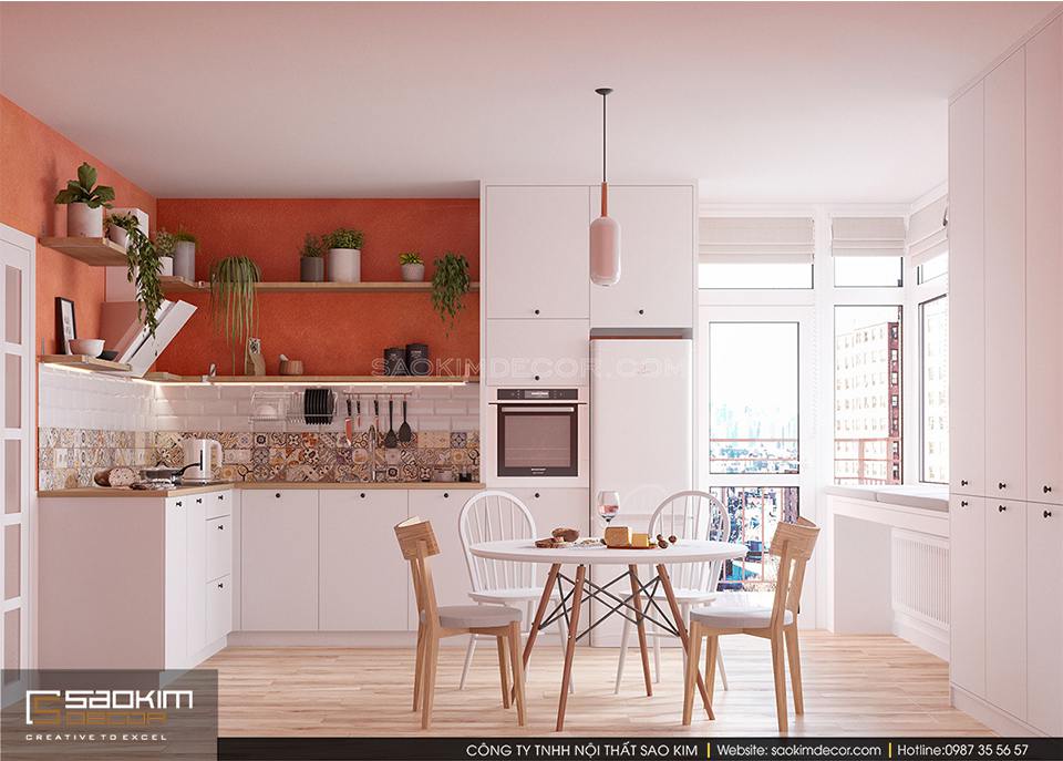 Thiết kế chung cư đẹp 60m2 nên để không gian mở giữa phòng khách, bếp và phòng ăn 