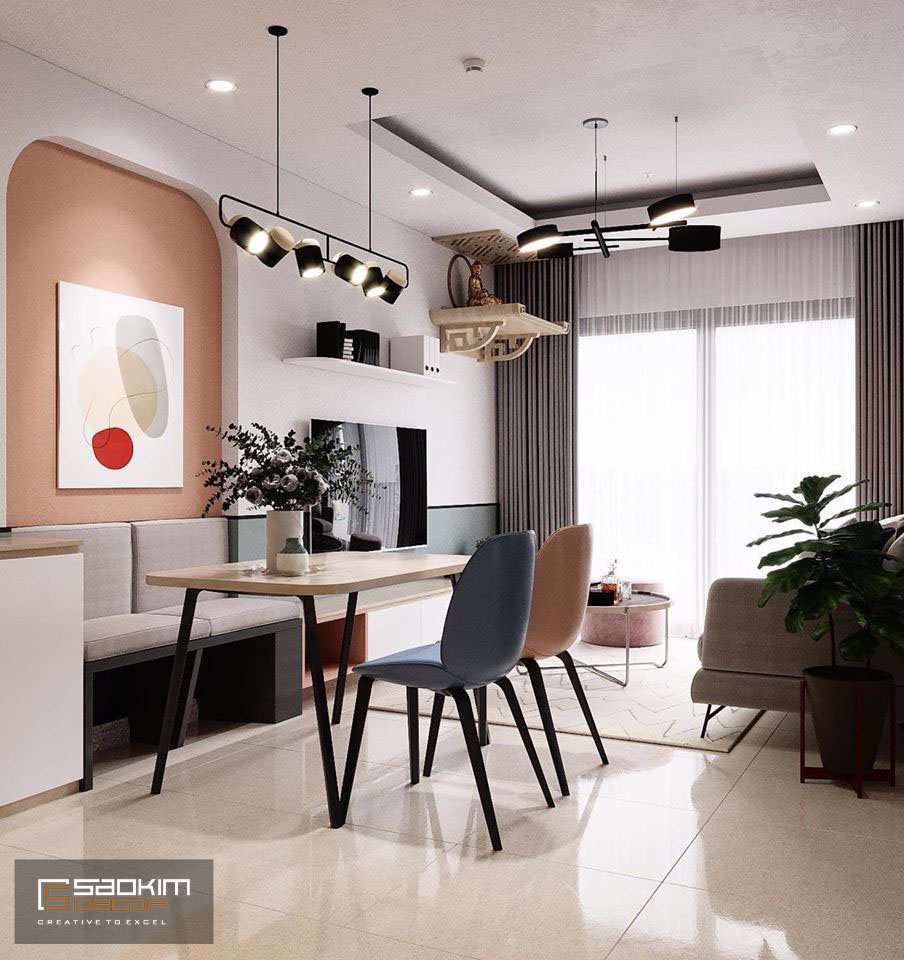 Phòng khách và bếp được kết nối bằng các gam màu tương đồng