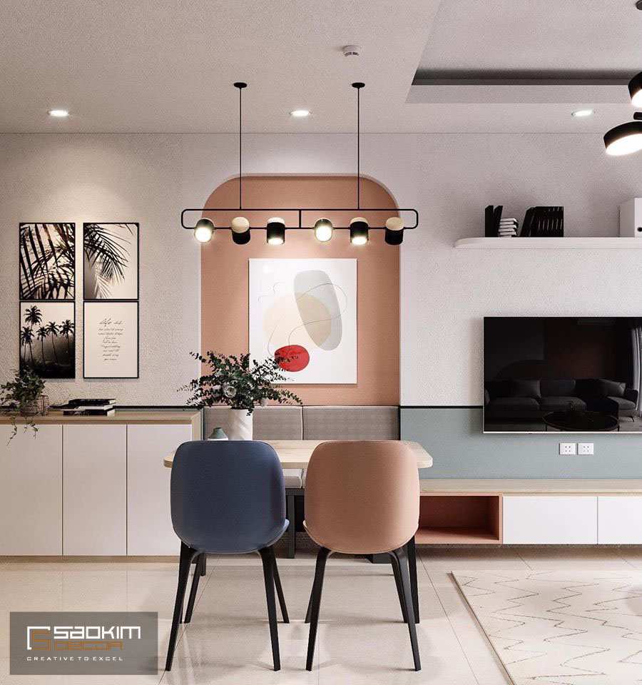 Trong thiết kế nội thất Color block phòng khách và bếp được kết nối bằng các gam màu tương đồng