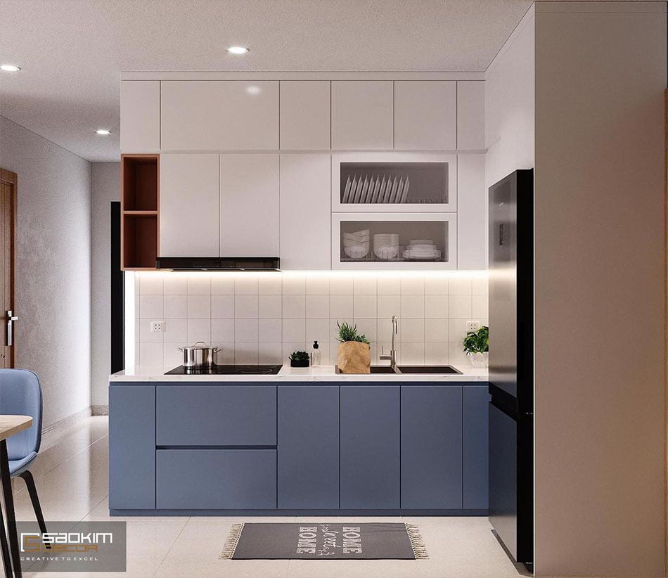 Phòng bếp tạo ấn tượng ngay từ cái nhìn đầu tiên nhờ cách phổi màu hoàn hảo từ tông màu xanh navi nhạt - trắng