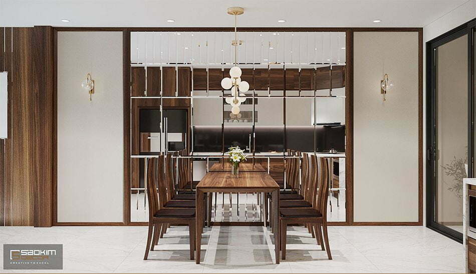 Đèn trang trí làm điểm nhấn cho phòng ăn