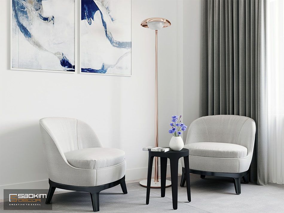 Một bức tranh trừu tượng tạo điểm nhấn cho thiết kế nội thất tối giản