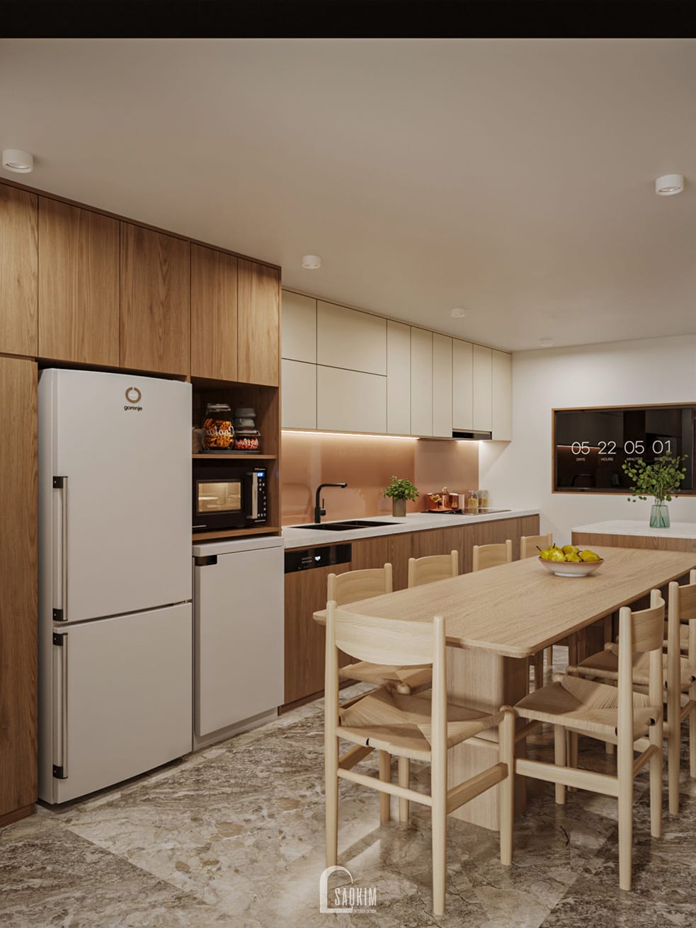 Thiết kế nội thất nhà phố 5 tầng 50m2 tại Kim Mã - Hà Nội vẫn lựa chọn phong cách Japandi cho không gian phòng bếp.