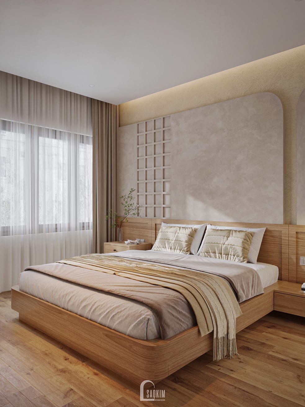 Thiết kế phòng ngủ master nhà phố phong cách Japandi – giường gỗ tối giản, tường trang trí hình khối bo tròn, cửa sổ lớn đón sáng tự nhiên tại nhà phố 5 tầng 50m2 Kim Mã.