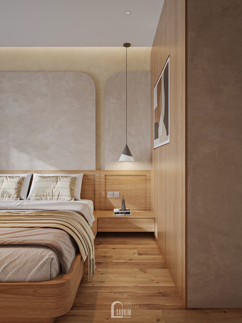 Thiết kế nội thất phòng ngủ master nhà phố phong cách Japandi – giường gỗ thấp, chăn ga màu be, không gian ấm cúng và thư giãn với ánh sáng tự nhiên.