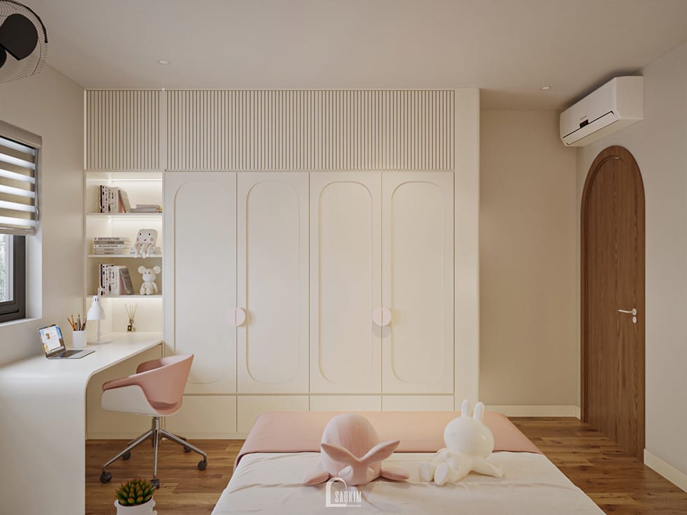 Thiết kế nội thất phòng ngủ bé gái nhà phố với điểm nhấn gam hồng pastel