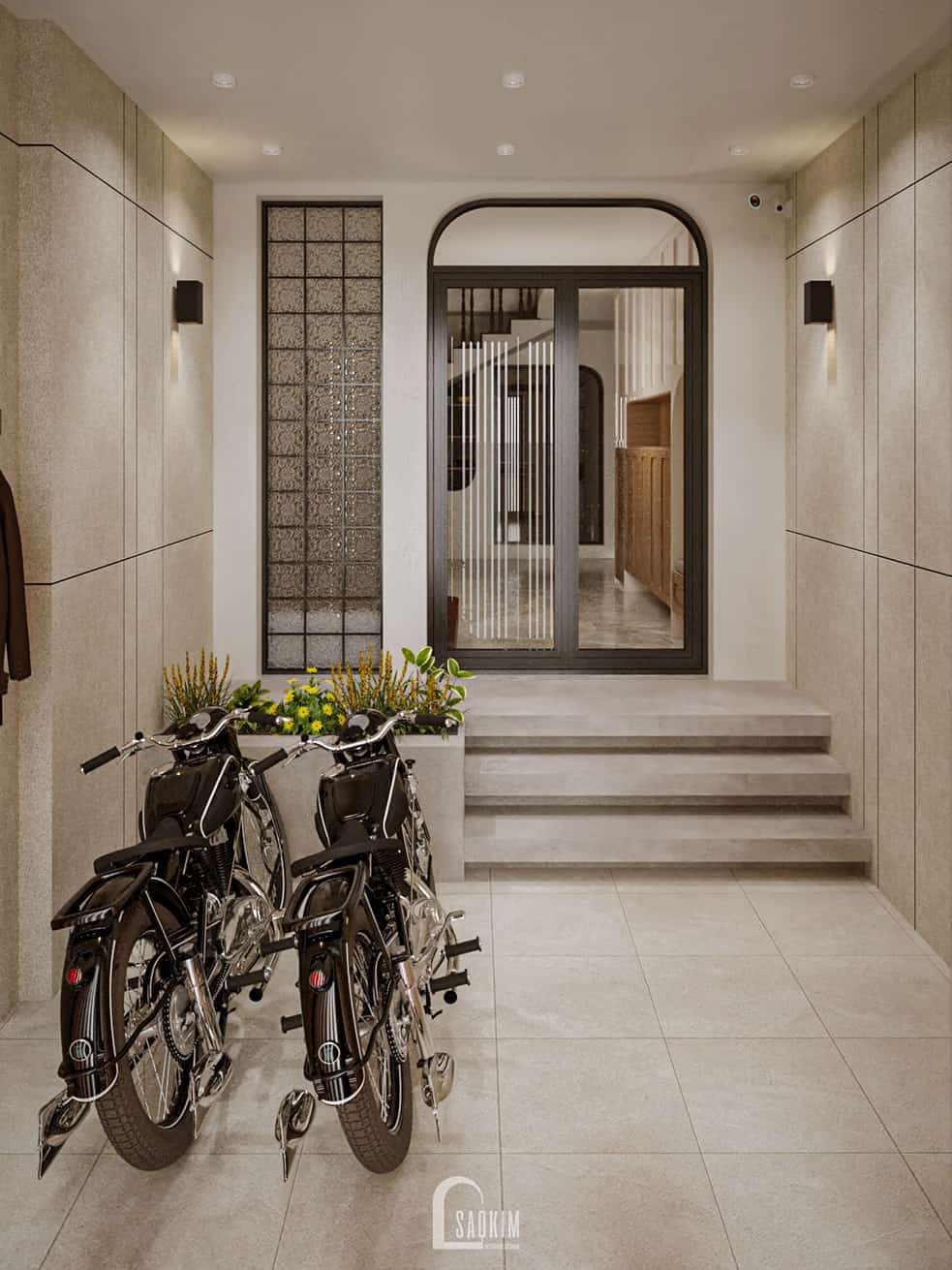 Thiết kế sảnh nhà phố 50m2 5 tầng theo phong cách Japandi với gam màu trung tính