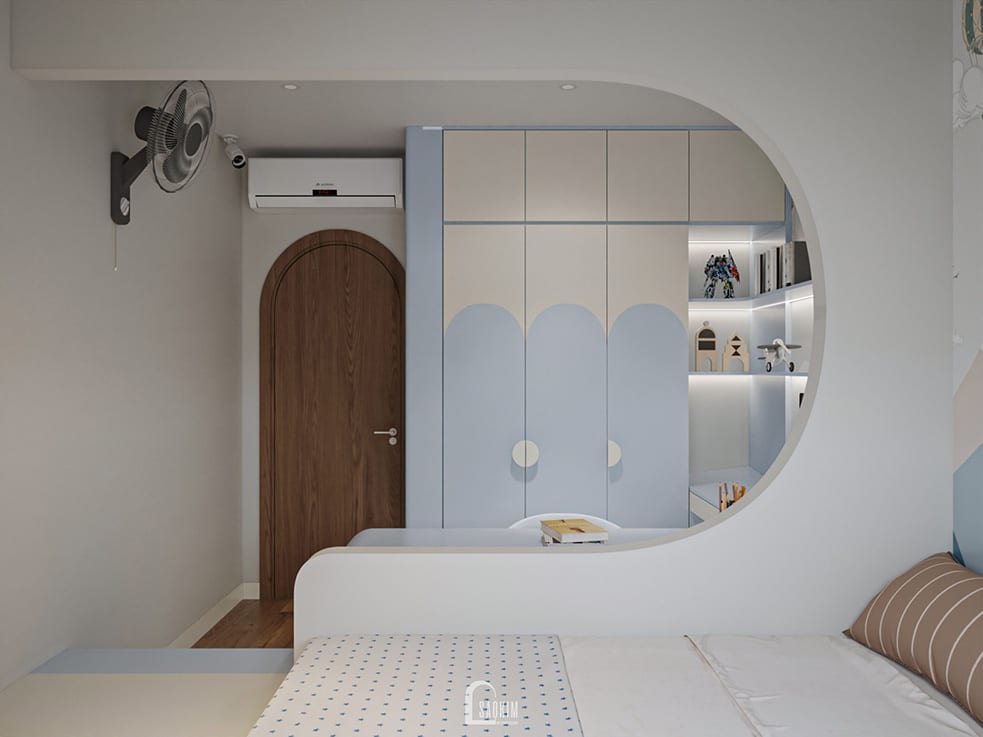 Thiết kế phòng ngủ bé trai nhà phố 5 tàng với gam màu xanh dương và trắng