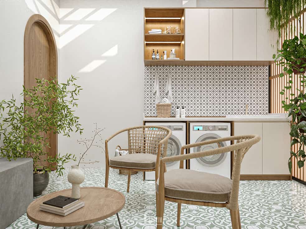 Thiết kế sân thượng xanh nhà phố 5 tầng 50m2 là nơi thư giãn tuyệt vời, khu giặt phơi cũng được bố trí gọn gàng tại đây