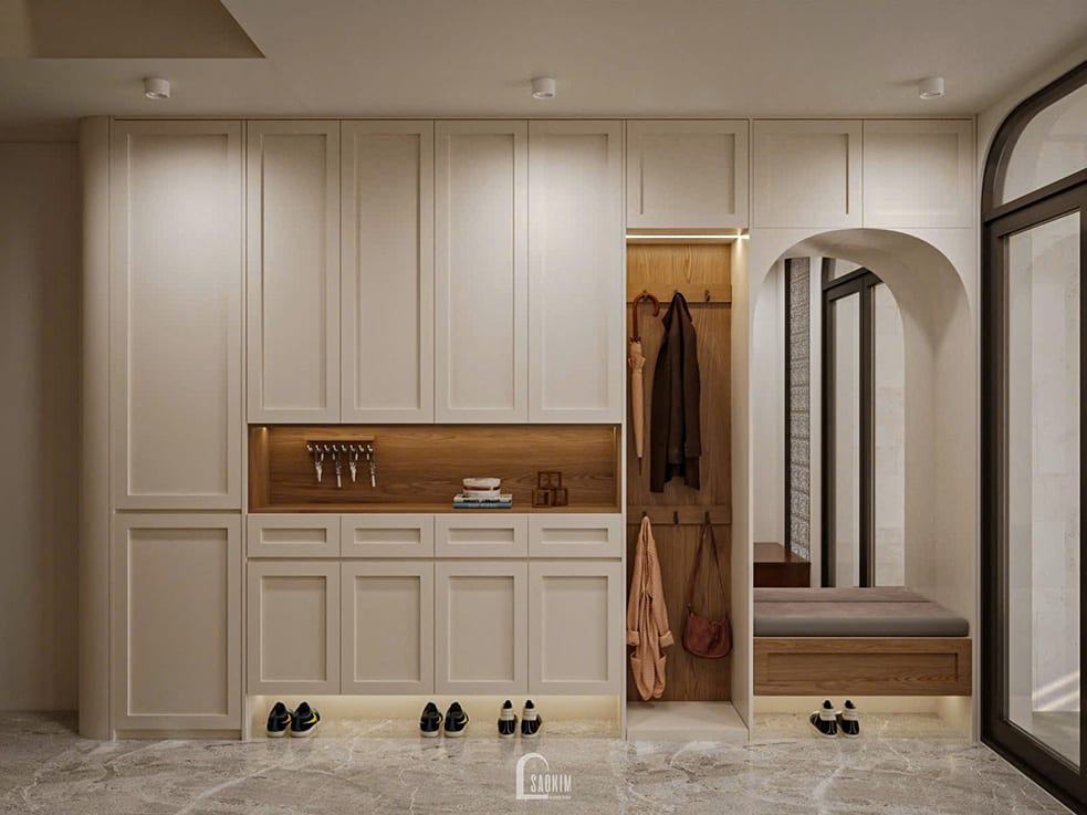 Thiết kế nội thất nhà phố 50m2 tại Hà Nội bố trí hệ tủ giày đa năng ngay sảnh vào
