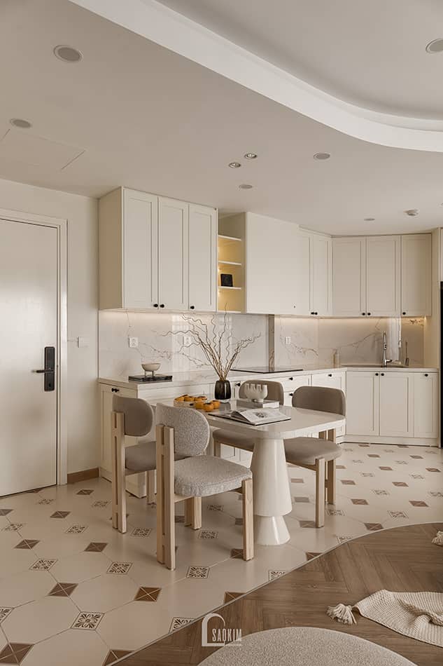 Hoàn thiện thiết kế thi công nội thất phòng bếp chung cư Aqua Bay Ecopark - 108m2 phong cách Parisian