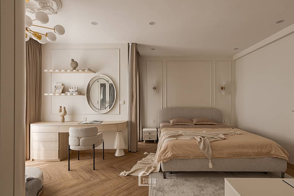 Hoàn thiện thiết kế thi công nội thất phòng ngủ master chung cư Aqua Bay Ecopark - 108m2 phong cách Parisian sang trọng, thanh lịch