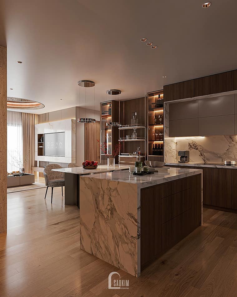 Thiết kế nội thất phòng bếp chung cư cao cấp The Nelson 83m² phong cách hiện đại cao cấp