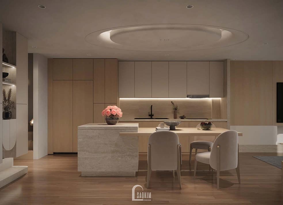 Thiết kế phòng bếp ăn nhà liền kề Vinhomes Ocean Park 2 phong cách Minimalist mix Wabi Sabi