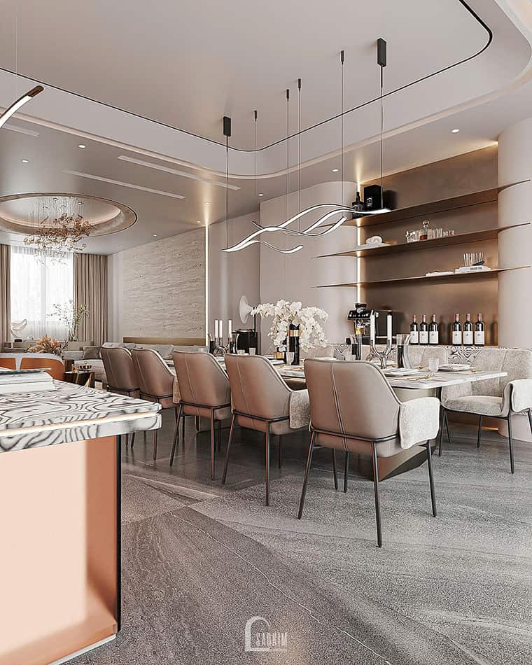 Thiết kế khu vực bàn ăn nhà phố liền kề Townhouse Mỹ Đình theo phong cách hiện đại Luxury không phô trương quá mức, nhưng từng chi tiết đều toát lên đẳng cấp của người sở hữu