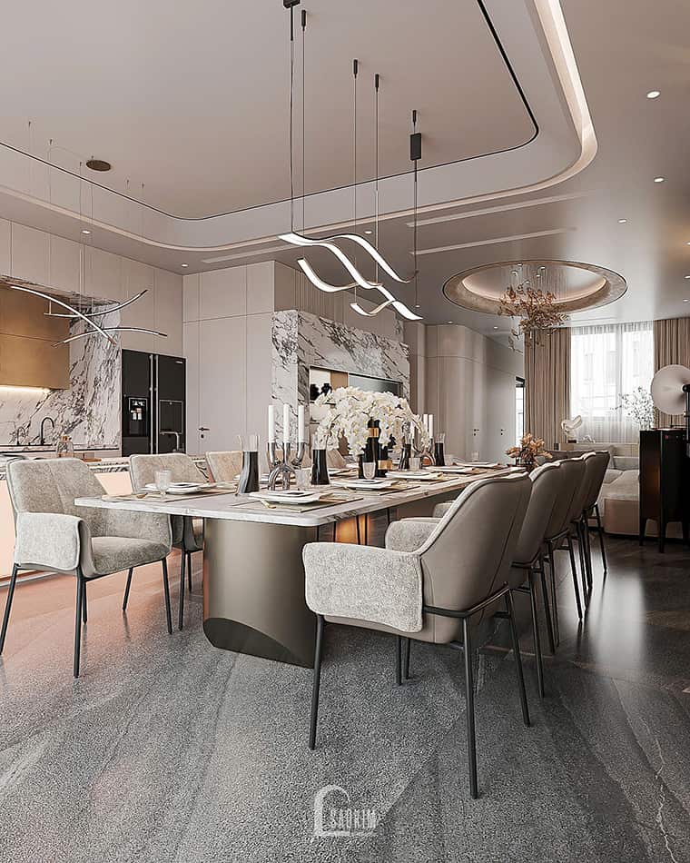 Thiết kế phòng bếp nhà phố liền kề Townhouse Mỹ Đình theo phong cách hiện đại Luxury đồng nhất sắc độ be – nâu – vàng champagne mang lại cảm giác sang trọng nhưng vẫn rất ấm áp