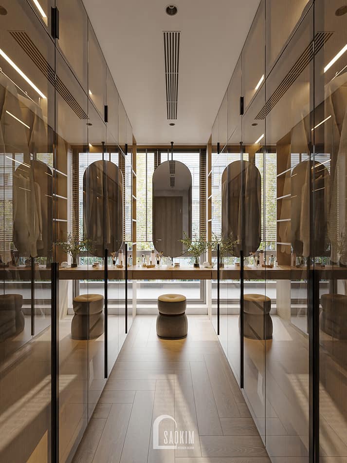 Thiết kế phòng thay đồ ngủ master nhà phố Mỹ Đình phong cách Japandi - bố trí bàn trang điểm quay ra cửa kính