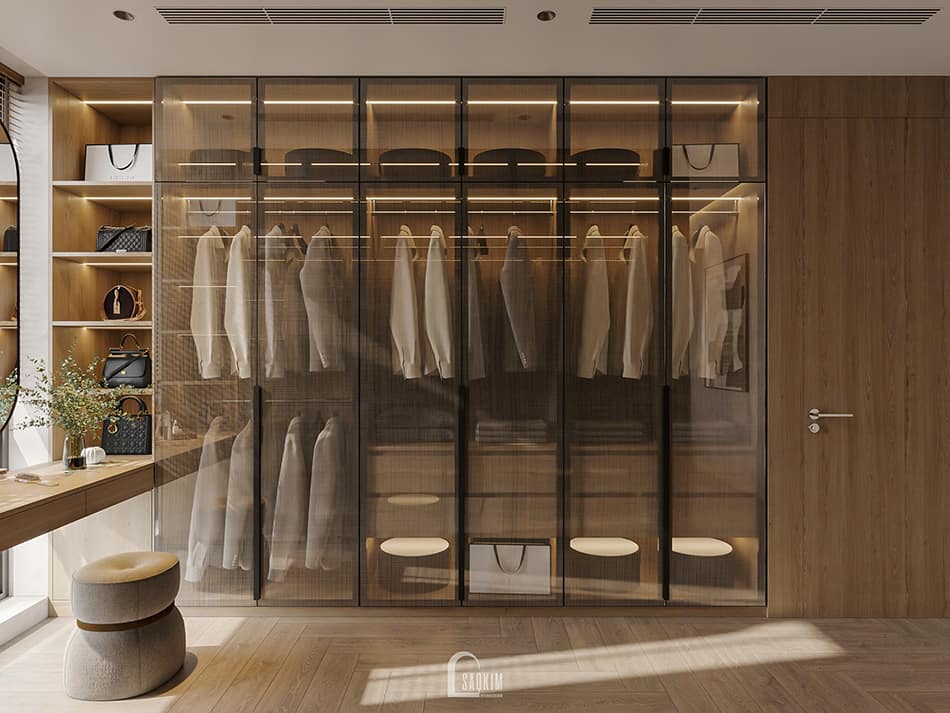 Thiết kế phòng thay đồ ngủ master nhà phố Mỹ Đình phong cách Japandi - hệ tủ quần áo cánh kính cao cấp