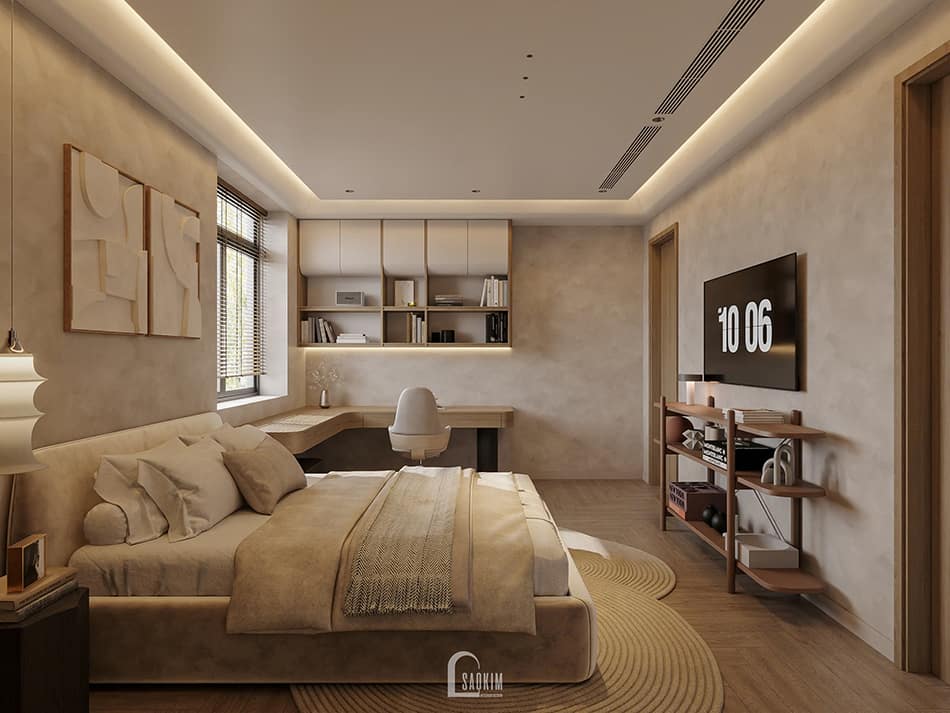 Thiết kế phòng ngủ con gái trong nhà phố 90m2 Mỹ Đình phong cách Japandi với không gian bàn học tập, làm việc rộng thoáng