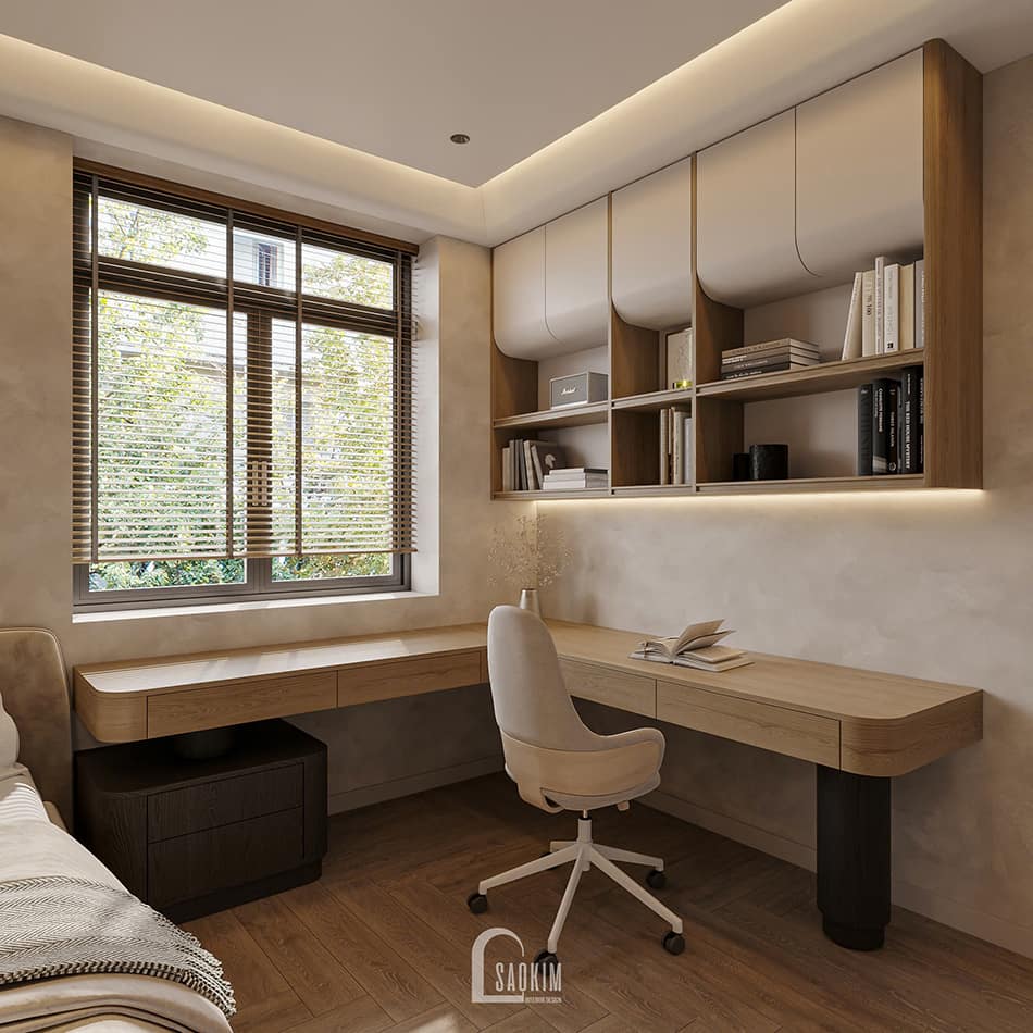 Thiết kế phòng ngủ nhà phố 90m2 Mỹ Đình phong cách Japandi với không gian bàn học tập, làm việc rộng thoáng - phòng ngủ con gái