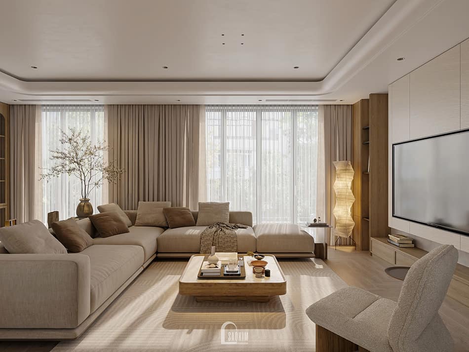 Thiết kế phòng khách nhà phố 90m2 Mỹ Đình phong cách Japandi – bản giao hưởng của gỗ và ánh sáng