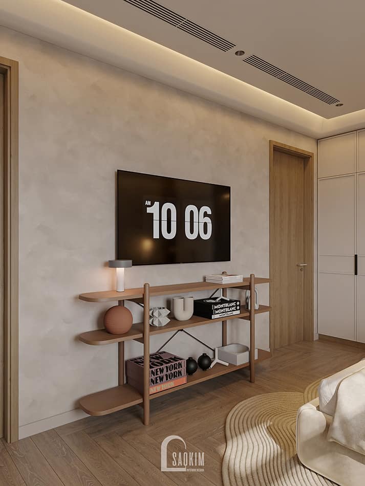 Thiết kế phòng ngủ nhà phố 90m2 Mỹ Đình phong cách Japandi lựa chọn thiết kế kệ ti vi sáng tạo đấm chất Japandi
